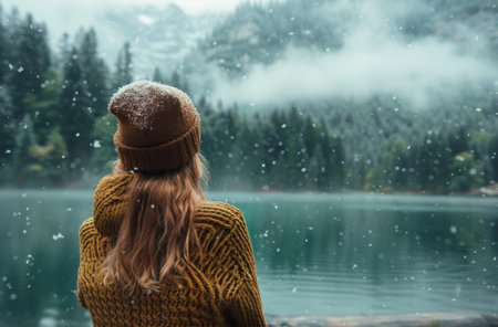 A woman wearing a knit hat and scarf looks out at a mountain lake as snow falls around her.の素材