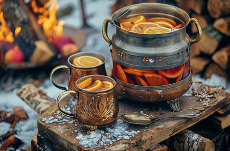 Two mugs of hot beverages and snacks on a wooden stump in a snowy forest with a large pot of hot water steaming in the background.の素材