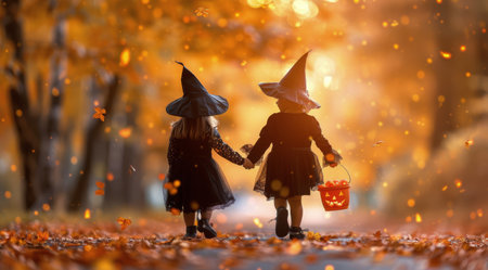 Two young girls dressed in witch costumes walk through a forest on Halloween, carrying lit jack-o-lanterns.の素材