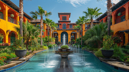 A vibrant resort with colorful buildings and a central fountain.の素材