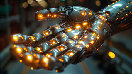A close-up shot of a robotic hand with glowing lights, reaching out in an industrial environment.の素材