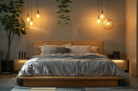 A cozy bedroom with a wooden bed, warm lighting, and a fluffy rug.の素材