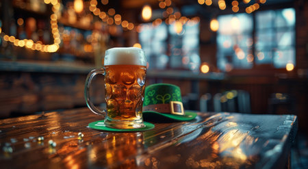 A mug of beer with a green leprechaun hat sits on a wooden bar table, with festive lights blurred in the background.の素材
