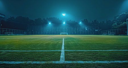 A view of a green football field at night, lit by bright stadium lights.の素材