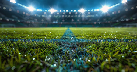 A close up view of a soccer field with green grass illuminated by bright lights at night.の素材
