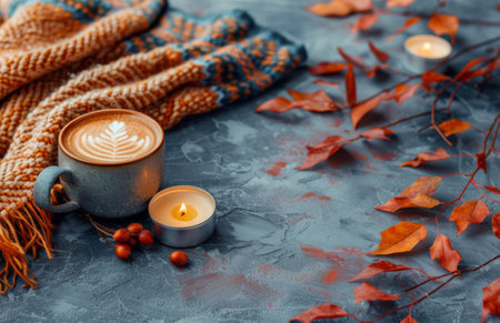 A close-up image of two candles, one in a white mug and one in a gray jar, on a gray textured background with a knitted blanket and autumn leaves.の素材