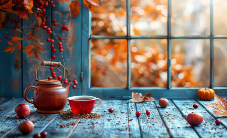 A cozy scene of a cup of tea and a teapot on a wooden table, with autumn leaves scattered around.の素材
