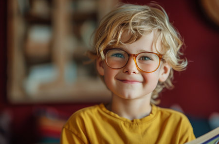 A young boy wearing glasses smiles while holding a book in front of a red wall.の素材