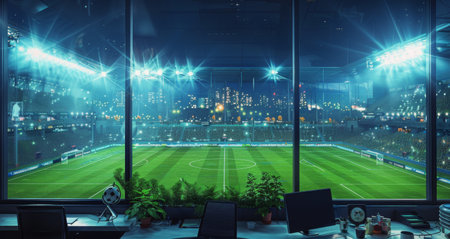 A view from a window looking out at a lit-up soccer field at night.の素材