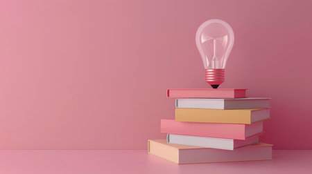 A light bulb hovers above a stack of pink books on a pink background.の素材