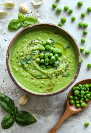 A close-up photo of a bowl of creamy green pea soup garnished with fresh basil and black pepper.の素材