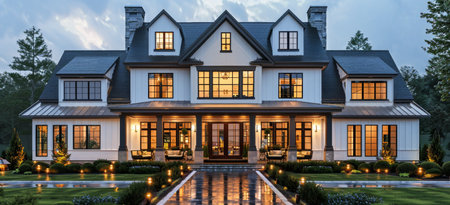 A large white house with columns and a porch, lit up at dusk. The house has a classic architectural style and is surrounded by lush greenery.の素材