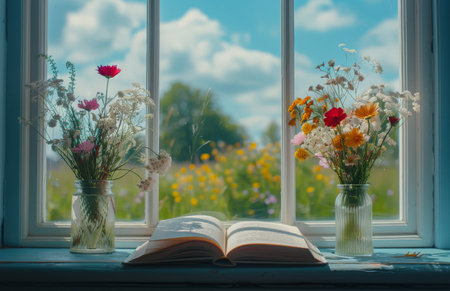 A windowsill with a view of yellow flowers and an open book resting on top, with three vases of white flowers.の素材