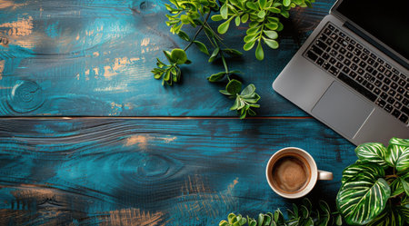 An overhead view of a wooden tabletop with a laptop, a cup of coffee, and green plants.の素材