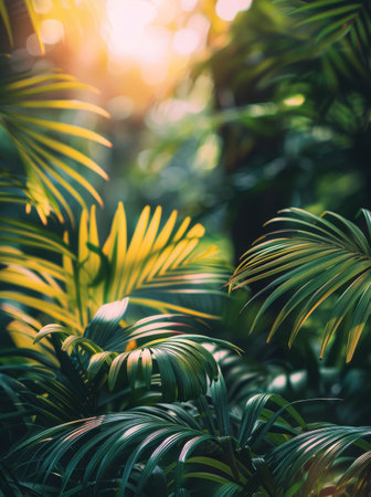 A close-up shot of palm tree fronds, showing the intricate details of their structure and their vibrant green and orange hues.の素材