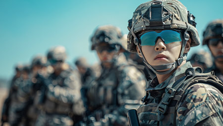 A close-up view of several soldiers in full gear, standing in a line, holding their rifles, with a bright blue sky in the background.の素材