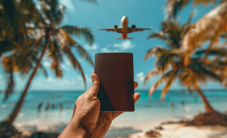 A person holds a passport in front of a tropical beach with palm trees and an airplane flying overhead.の素材