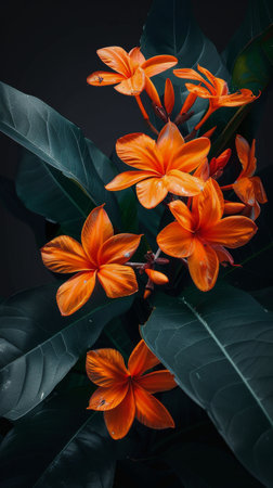 A close-up image of orange flowers blooming against a background of dark green leaves.の素材