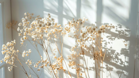 Dried flower stems against a white wall with light streaming through a window, creating soft shadows.の素材