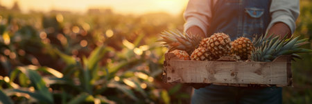A farmer carries a crate full of ripe pineapples in a pineapple plantation during sunset.の素材