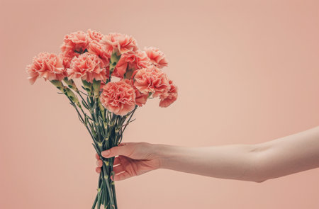 A close-up image of a hand holding a bouquet of pink carnations against a beige background. The image is soft and elegant, capturing the beauty of the flowers.の素材