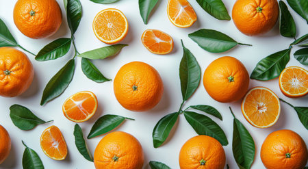 A flat lay photograph showing a collection of whole and halved oranges with green leaves on a white background.の素材