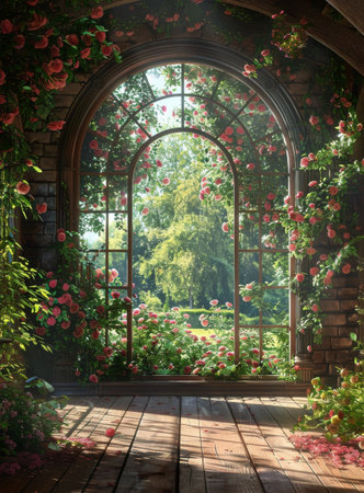 A picturesque view of a greenhouse filled with blooming pink roses, with a wooden floor and a view of a lush garden through the arched window.の素材