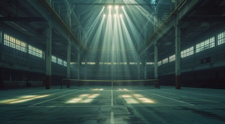 A wide shot of an empty indoor tennis court illuminated by spotlights, with the net in focus.の素材