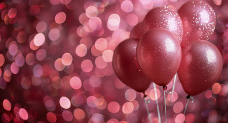 A close-up of pink and iridescent balloons against a blurred background of red lights.の素材