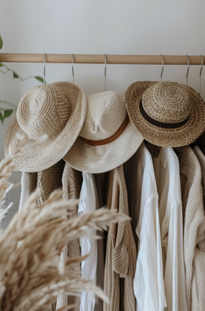 A close-up shot of a row of cream-colored knitted sweaters hanging on a wooden rail.の素材