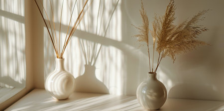 A white vase filled with dried grass sits on a window sill, bathed in sunlight.の素材