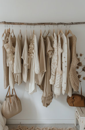 A collection of white and beige sweaters and shirts hanging on a wooden branch rack against a white wall.の素材
