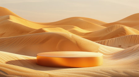 A golden bowl sits on the sand in a desert landscape, the setting sun casting a warm glow over the dunes.の素材