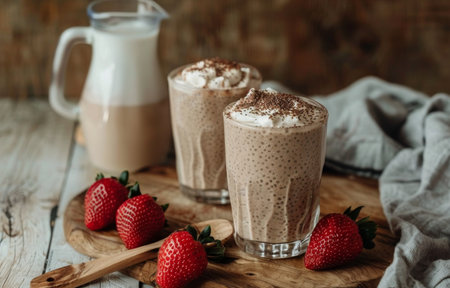 A close-up shot of two glass jars filled with creamy chia seed pudding topped with fresh strawberries. A wooden spoon with chia seeds and other strawberries are scattered on a rustic wooden table.の素材