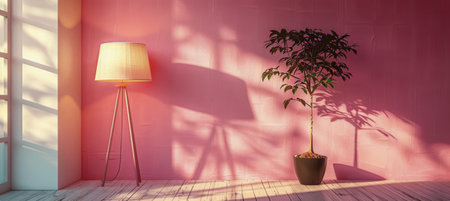 A black floor lamp with a conical shade stands in front of a pink wall. Sunlight streams through a window, casting shadows on the wall.の素材