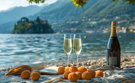 Two glasses of wine, a bottle of wine, and a bowl of peaches on a lakeshore with a book.の素材