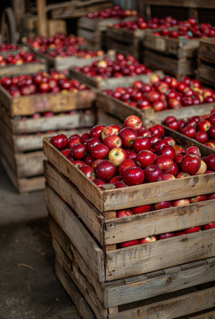 Freshly picked red apples stacked in wooden crates inside a rustic barn.の素材