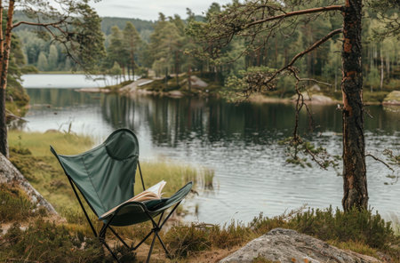 A green camping chair sits on a rock overlooking a still lake, shrouded in morning fog, with tall trees in the background.の素材
