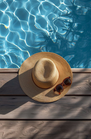 A straw hat and sunglasses lie on a wooden deck beside a pool, the water sparkling in the sunlight.の素材
