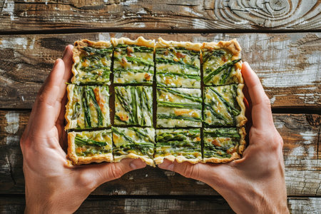 A freshly baked quiche topped with asparagus and red onion sits on a rustic wooden table.の素材