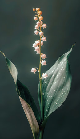 Close-up of a lily of the valley plant with small white flowers blooming on a dark green background.の素材
