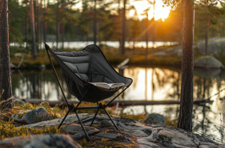 A brown butterfly chair with a book sits by a tranquil lake with a small table in front of it.の素材