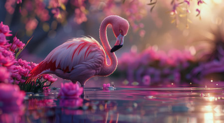 A pink flamingo stands in a pond with pink flowers in the background. The water is still and reflects the pink flowers.の素材
