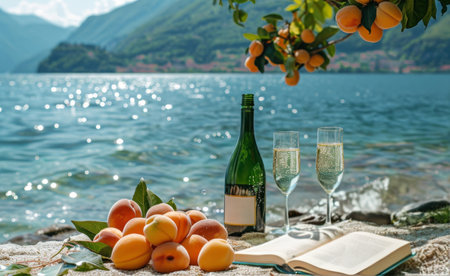Two glasses of wine, a bottle of wine, and a bowl of peaches on a lakeshore with a book.の素材