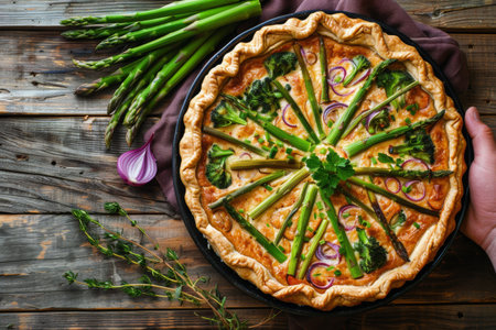 A freshly baked quiche topped with asparagus and red onion sits on a rustic wooden table.の素材