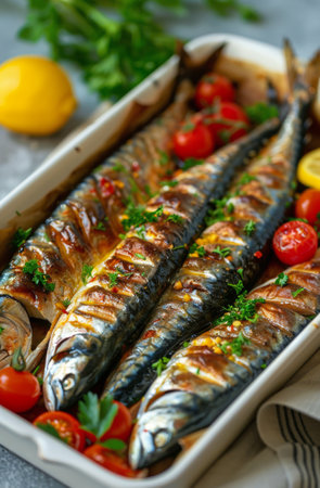 A close-up shot of a baking dish filled with baked mackerel, lemon wedges, and cherry tomatoes.の素材