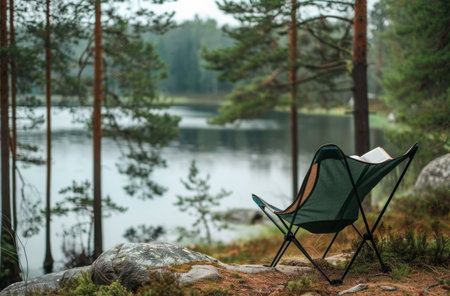 A green camping chair sits on a rock overlooking a still lake, shrouded in morning fog, with tall trees in the background.の素材