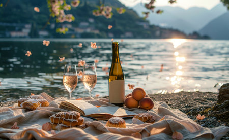 Two glasses of white wine on a lakeside picnic blanket, paired with a book, pastries, and a fresh orange.の素材