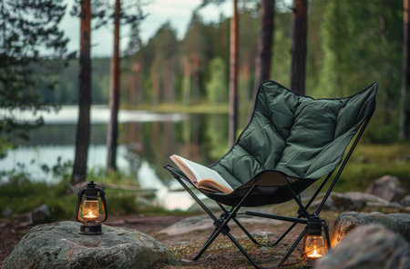 A brown butterfly chair with a book sits by a tranquil lake with a small table in front of it.の素材
