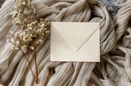 A white envelope lays flat on a beige fabric with dried white flowers to the left.の素材